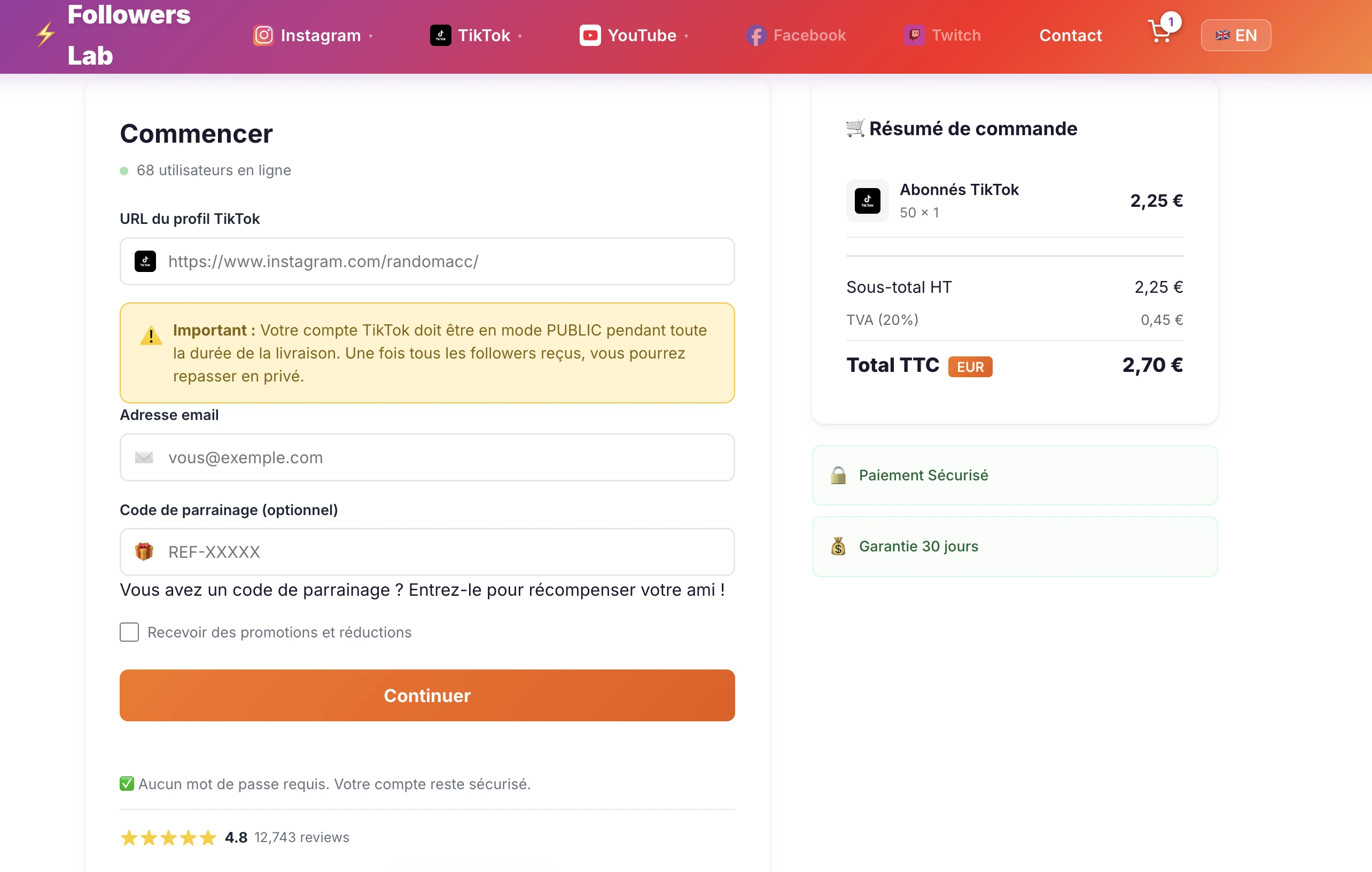 Buying TikTok followers — checkout process